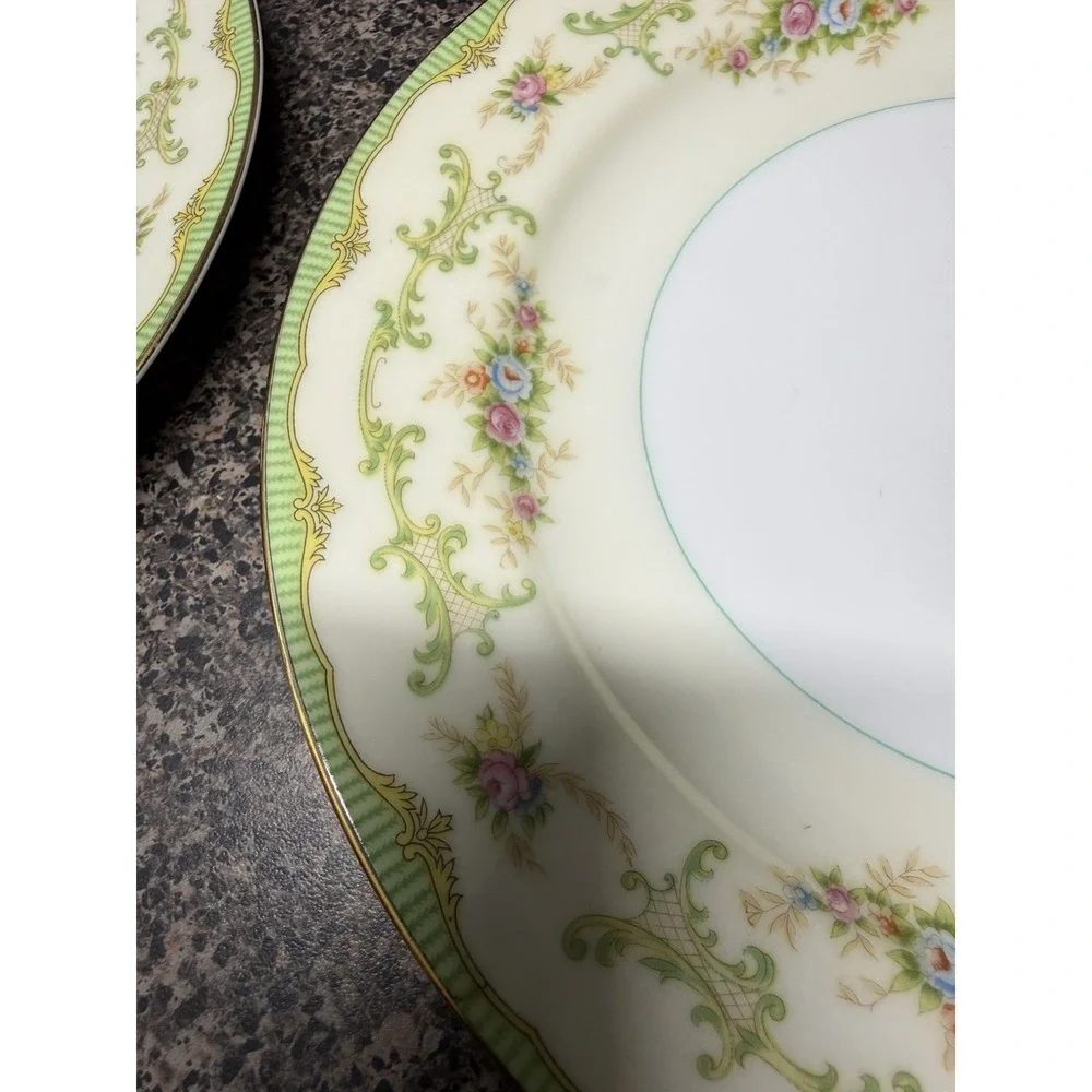 1930s Noritake Marlene Dinner Plates Set of 2 Green Floral Gold Japan Vintage